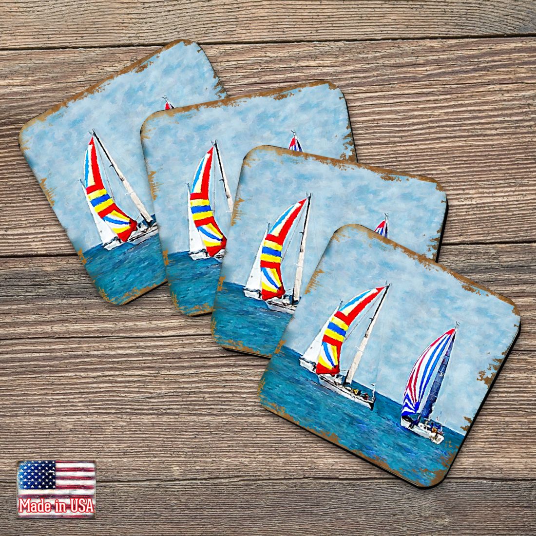 Sailboats Coastal Wooden Cork Coasters Gift Set of 4 by Nature Wonders - Coastal Sea-Life Decor - 95259C-S4