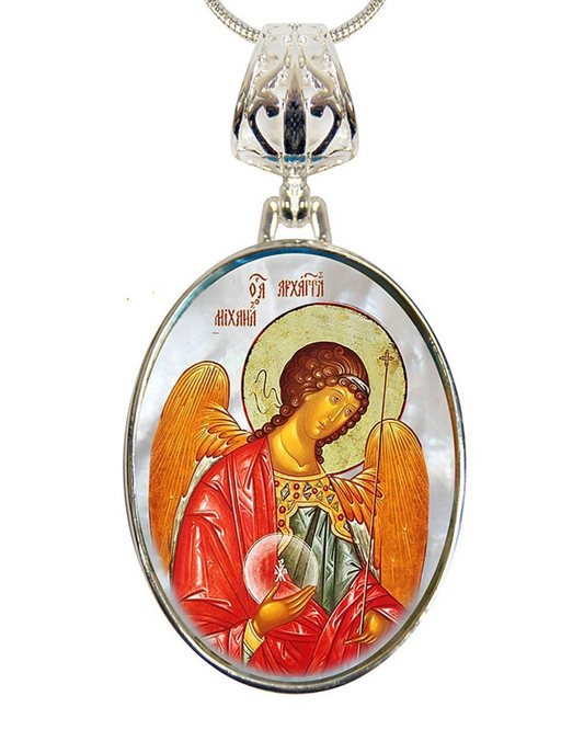 Saint Michael the Archangel Silver Plated Mother of Pearl Necklace - 43027