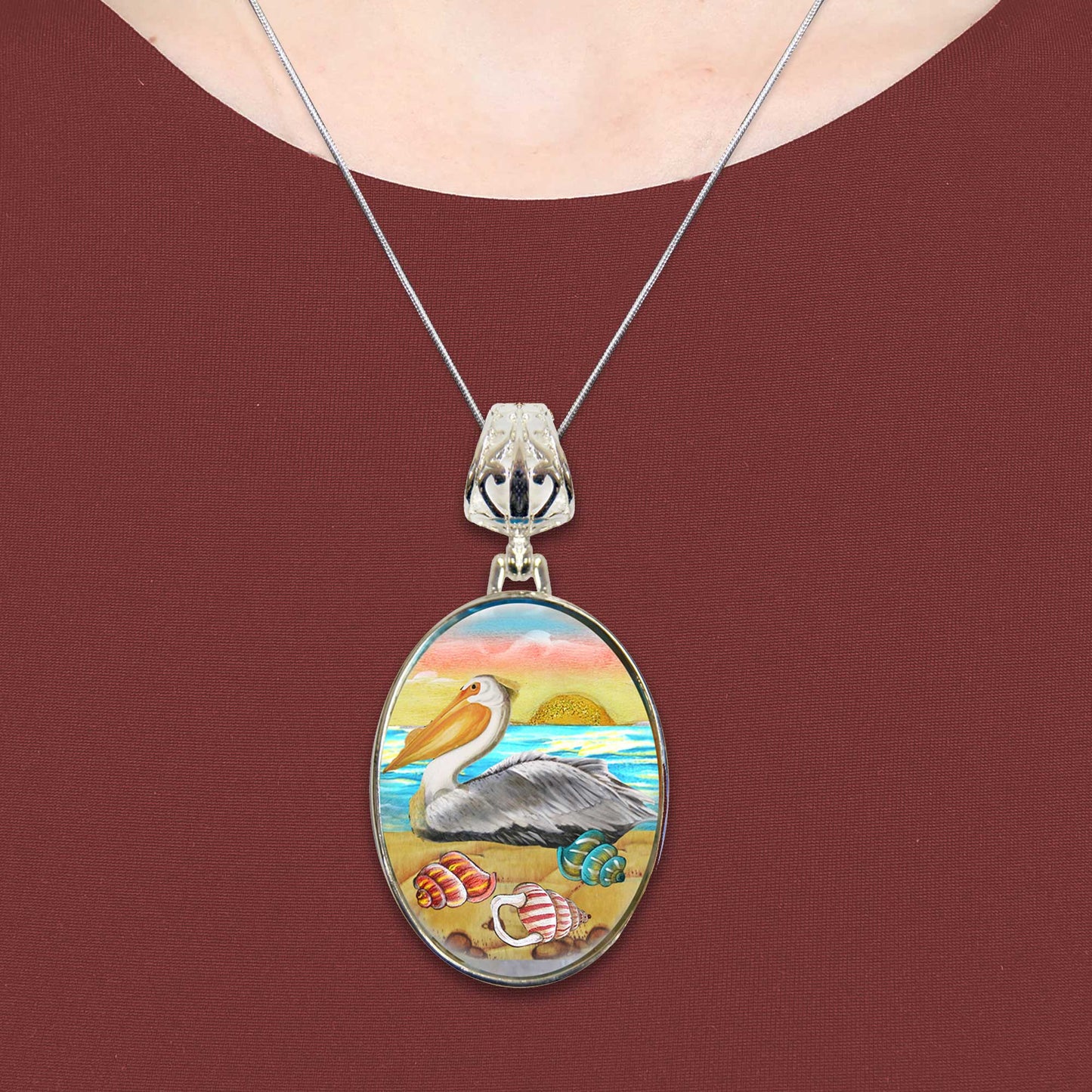 Pelicans Birds at Sea Silver Plated Mother of Pearl Jewelry Pendant Necklace Coastal - 44047