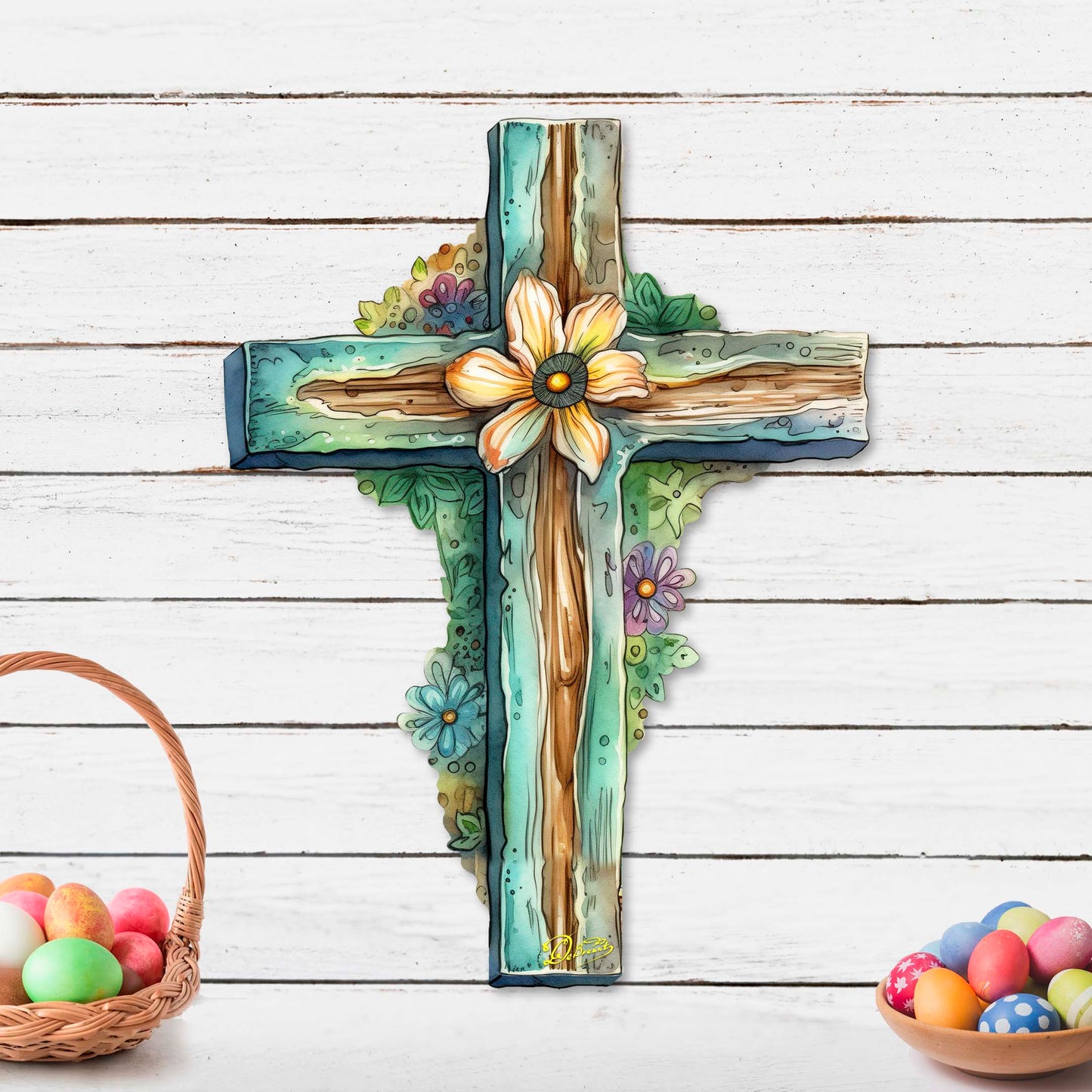 Teal Cross Holiday Door Decor by G. Debrekht - Easter Spring Decor - 8688164H