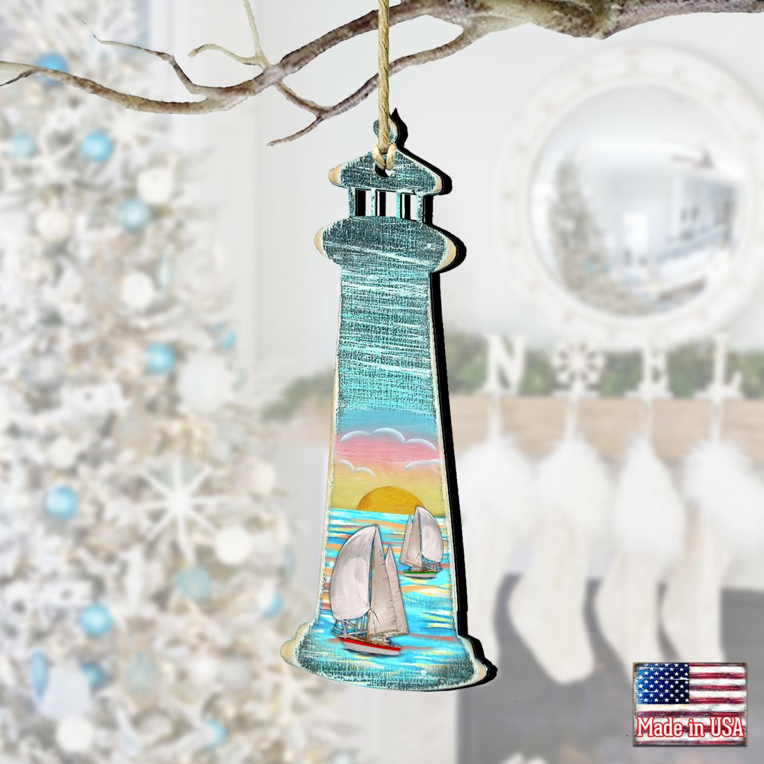 Lighthouse Sailboat Wooden Ornaments by G. DeBrekht - Coastal Holiday Decor - 8198526-2
