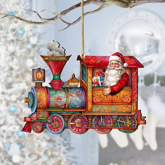 Santa's Train Wooden Ornaments by G. Debrekht Christmas Santa Snowman Decor - 8611090