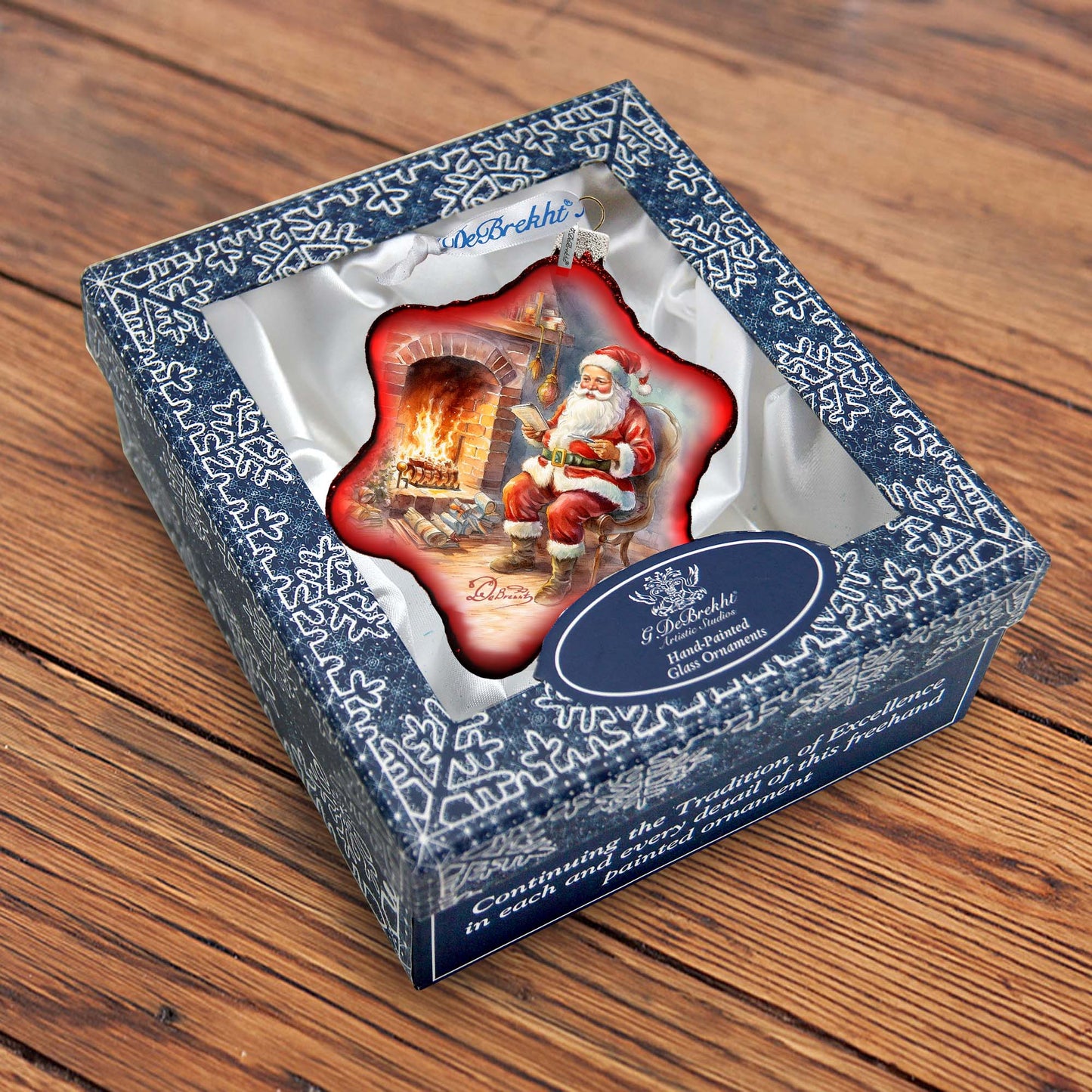 Santa at the Fireplace Snowflake Glass Ornament by G. Debrekht - Christmas Santa Snowman Decor - 754-047