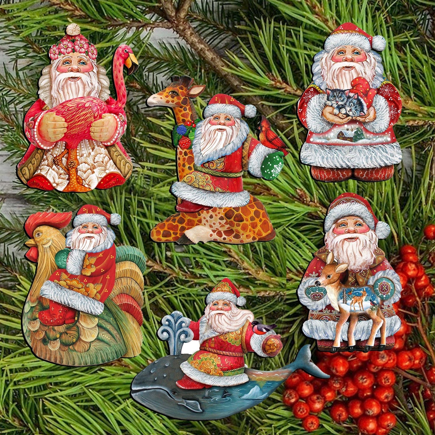 Santa Decorative Wooden Clip-on Ornaments Set of 6 by G. Debrekht - Christmas Decor - 8090131C-S6