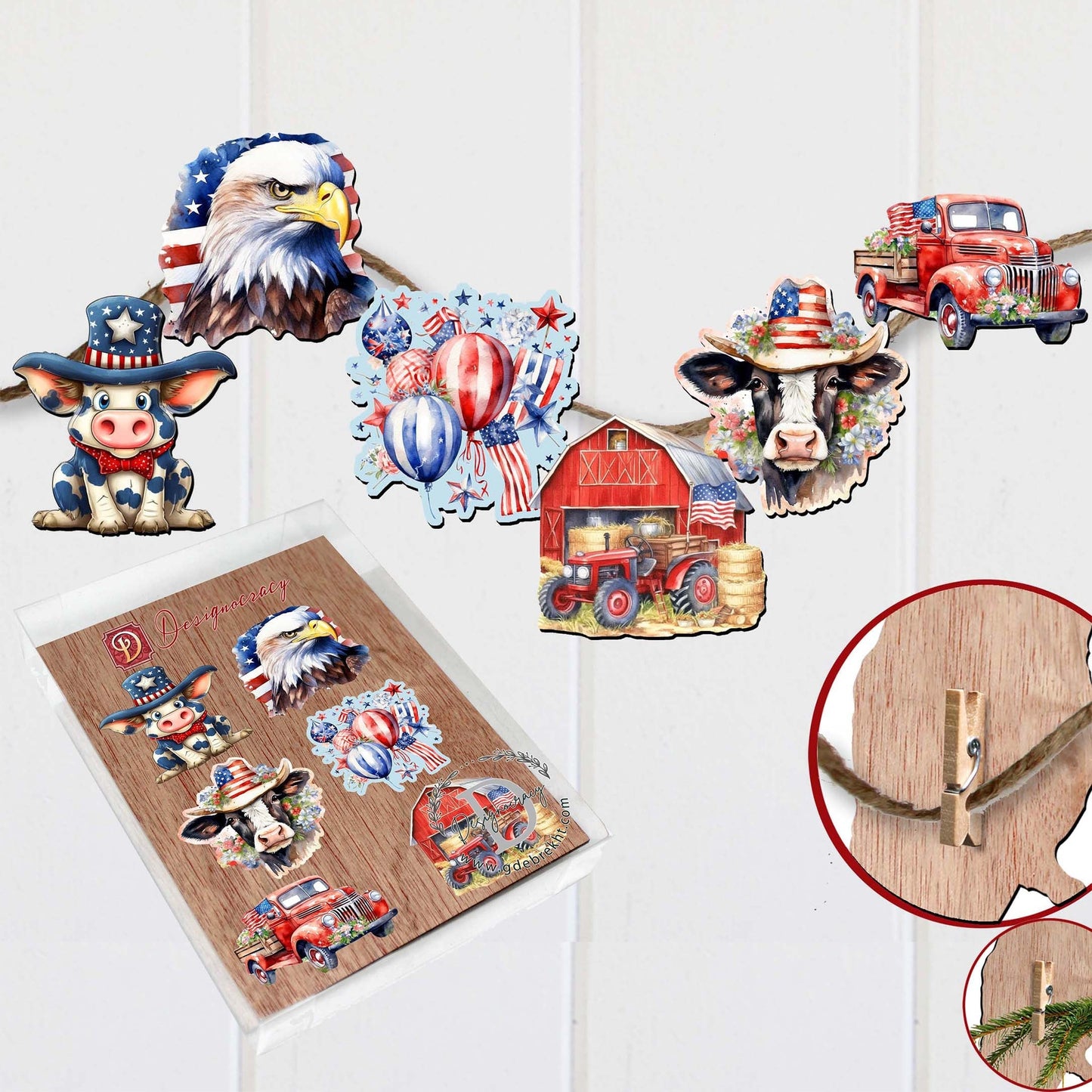American flag Decorative Wooden Clip-on Ornaments of 6 by G. Debrekht - Patriotic Decor - 8090002C-S6