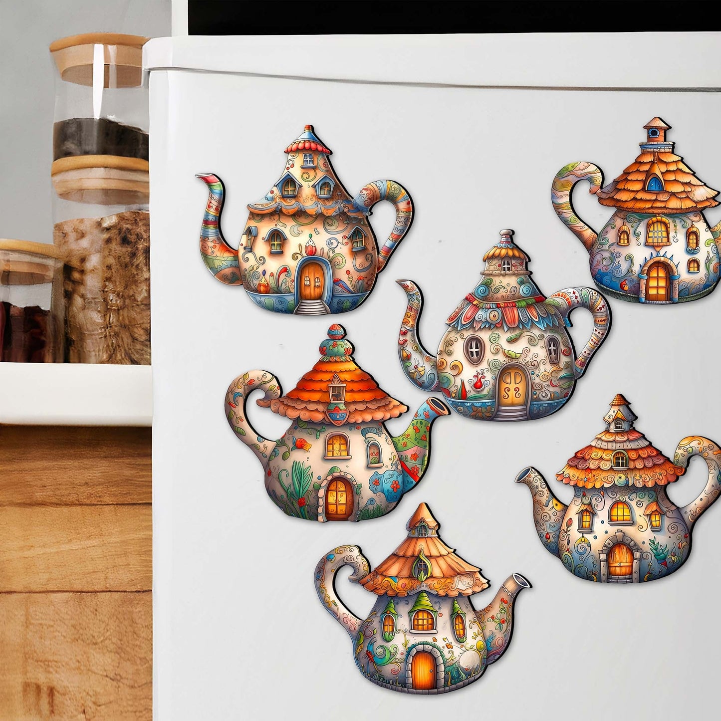 Teapots Decorative Wooden Magnets Set of 6 by G. Debrekht - Love Family Decor - 8090072G-S6