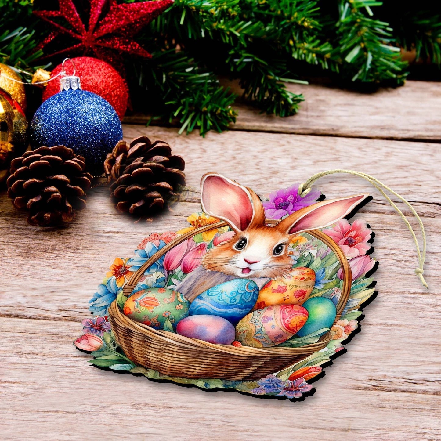 Bunny in a Basket Wooden Ornaments by G. DeBrekht Easter Spring Decor - 8652764