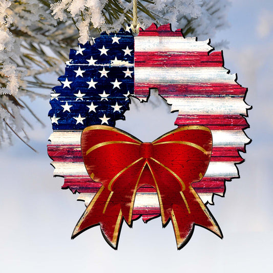 American Flag Wreath Wooden Ornaments by G. DeBrekht - American Christmas Decor - 8185302