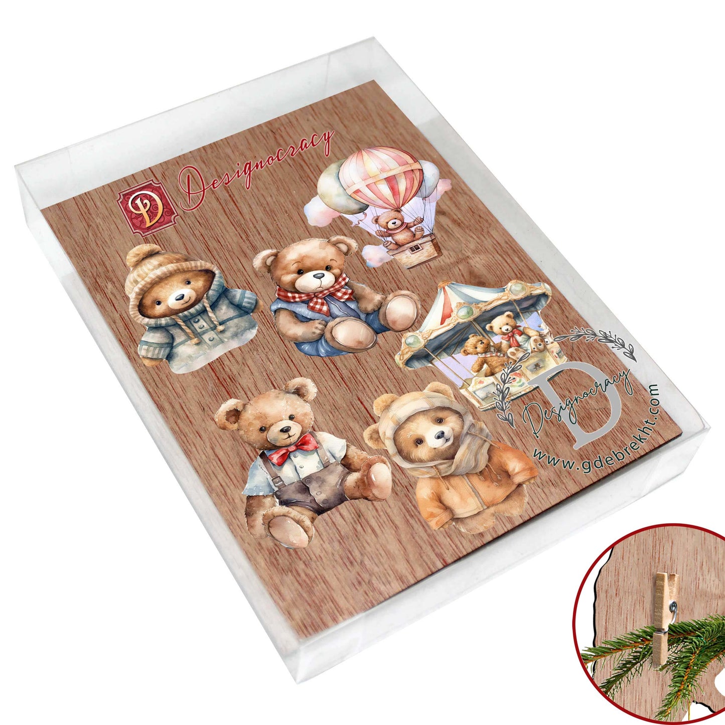 Teddy Bear Decorative Wooden Clip-on Ornaments Set of 6 by G. Debrekht - Christmas Decor - 8090025C-S6