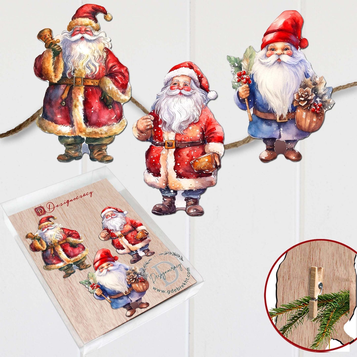 Santa Decorative Wooden Clip-on Ornaments Set of 3 by G. Debrekht - Christmas Decor - 8091009C-S3