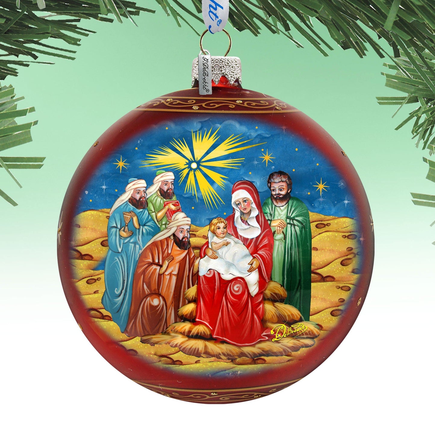 Holy Family and Three Kings Lg Glass Ornament in Red by G.DeBrekht - Christmas Decor - 73920R
