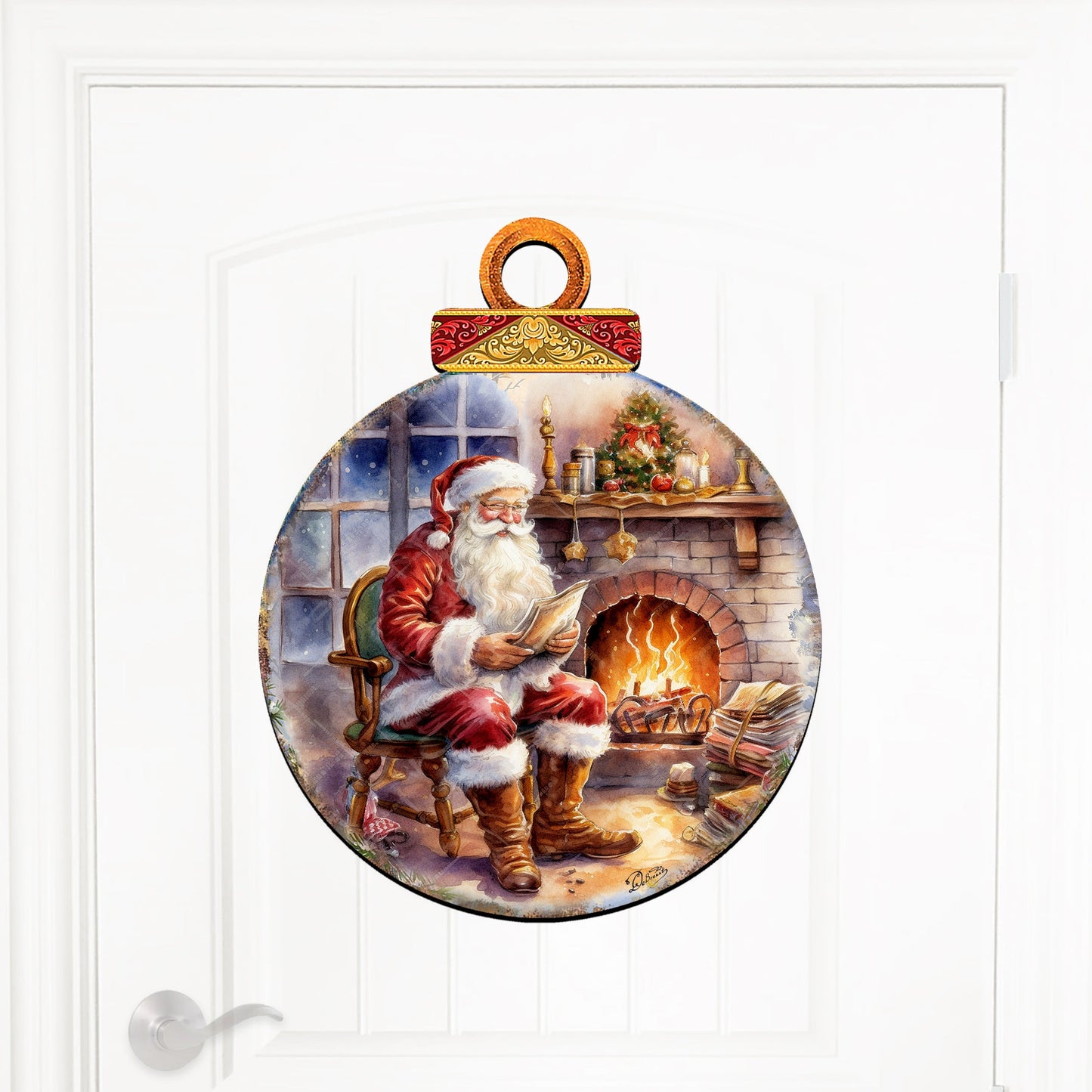Santa at the Fireplace Wreath Holiday Door Decor by G. Debrekht - Christmas Santa Snowman Decor - 8611089-2H