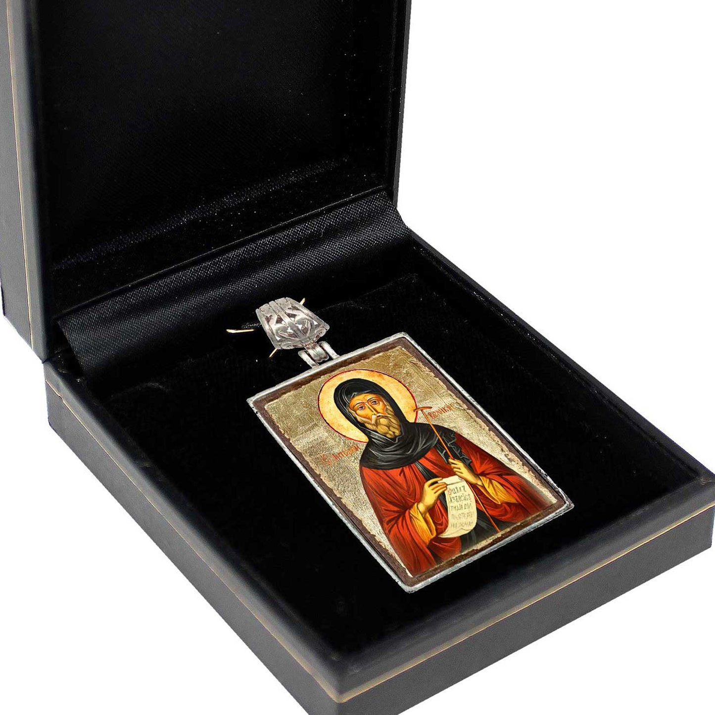 Saint Antoni Religious Jewelry Silver Plated Necklace, Gold-Plated Wooden Cabochon - Christian Sacred Icon - Inspirational Icon Decor - 43062R