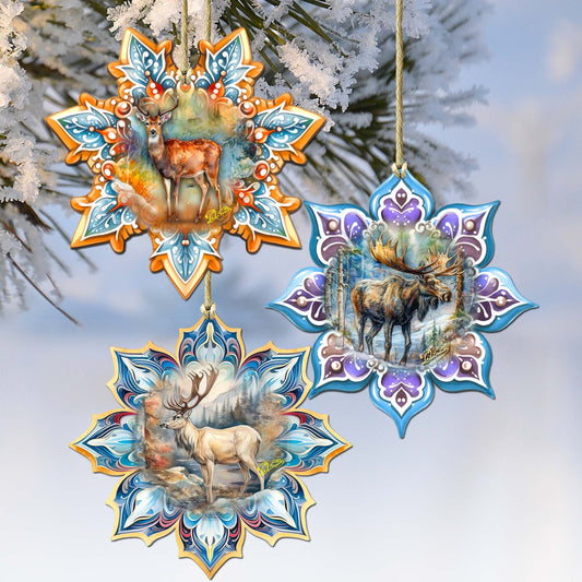 Forest Animals Snowflake Wooden Ornaments Set of 3 by G. Debrekht - Nature Wildlife Decor - 8090145-S3