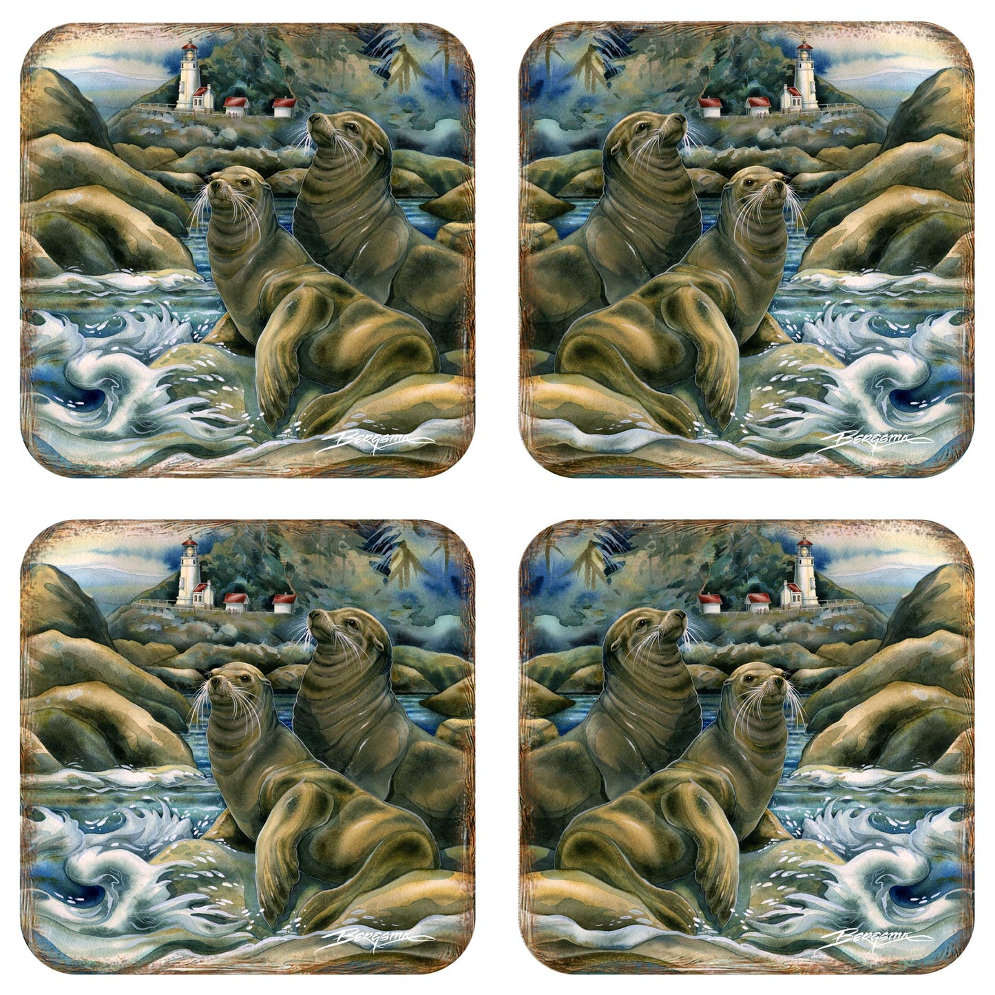 Lions of the Sea Wooden Cork Coasters Gift Set of 4 by J. Bergsma - Coastal Wildlife Decor  - 8199466C-S4