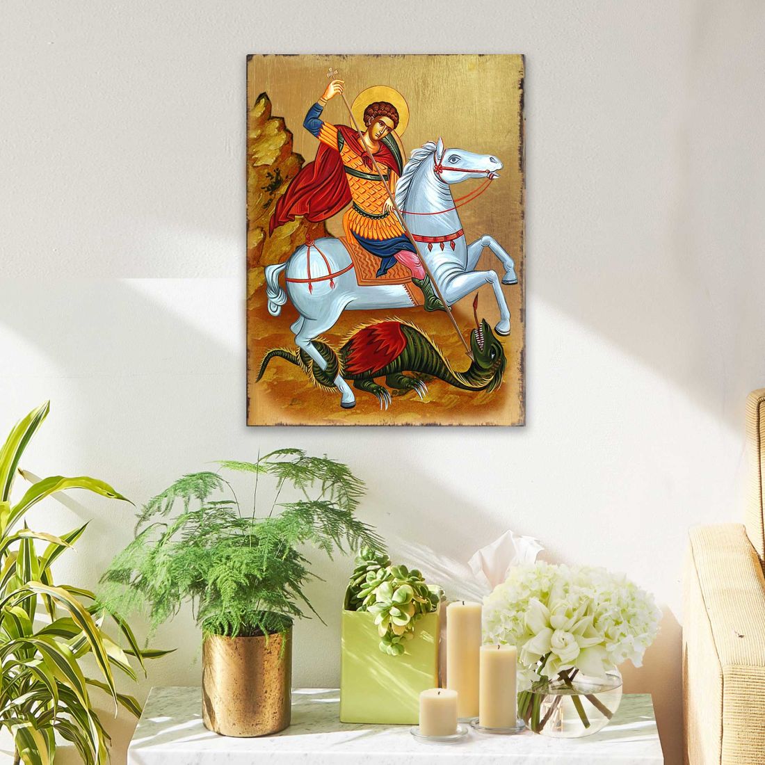 Saint George Wooden Gold Plated Religious Orthodox Sacred Icon - Inspirational Icon Decor - 85013