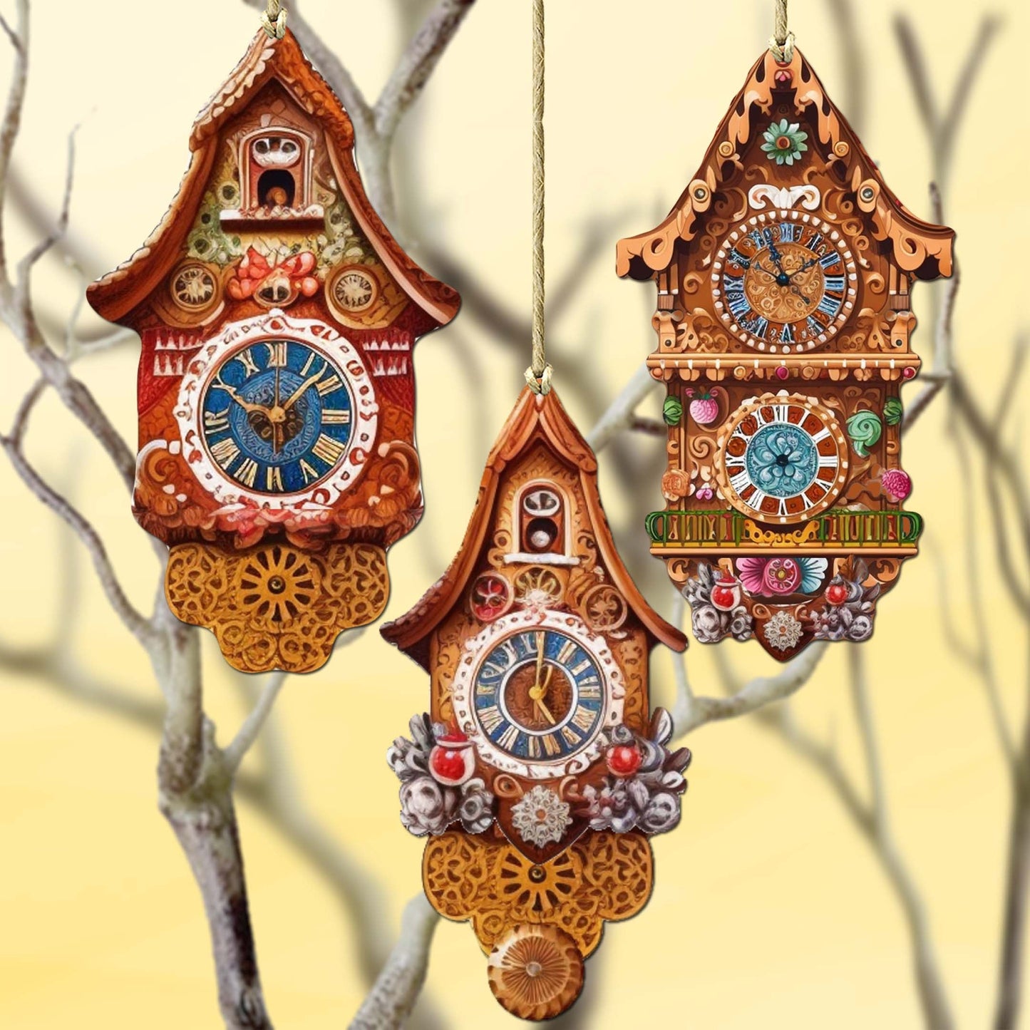 Miniature Clock Decorative Wooden Ornaments Set of 3 by G. Debrekht - Christmas Decor - 8091020-S3