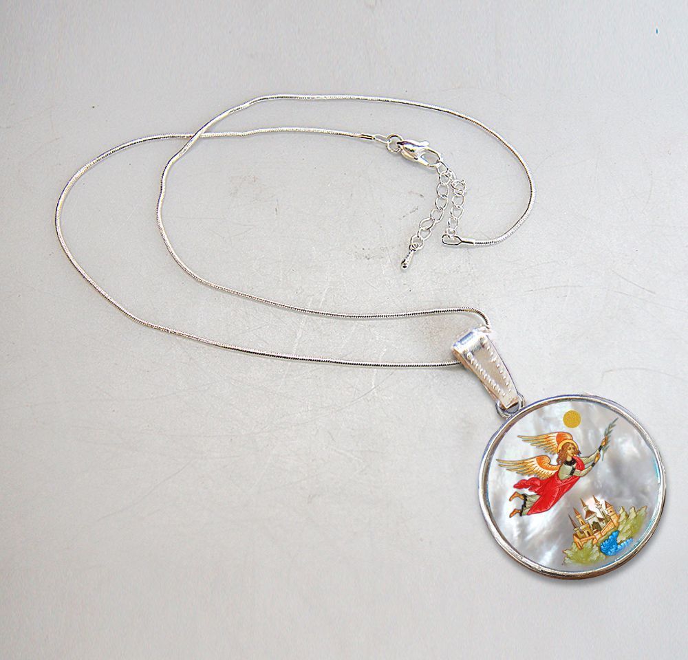 Watching Over Flying Angel Silver Plated Mother of Pearl Necklace - 43034