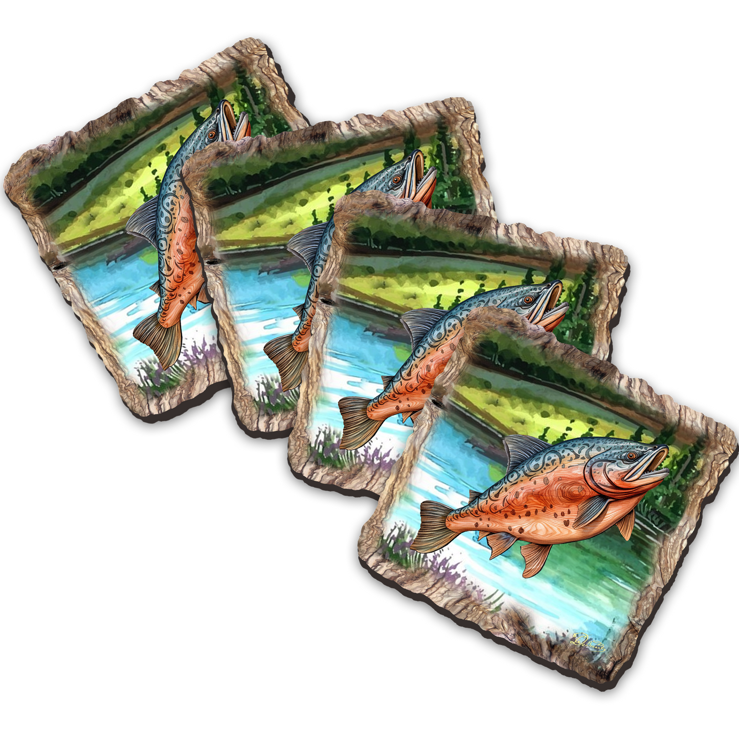Salmon Wooden Cork Coasters Gift Set of 4 by Nature Wonders Coastal Nature Wildlife Decor  - 95394C-S4