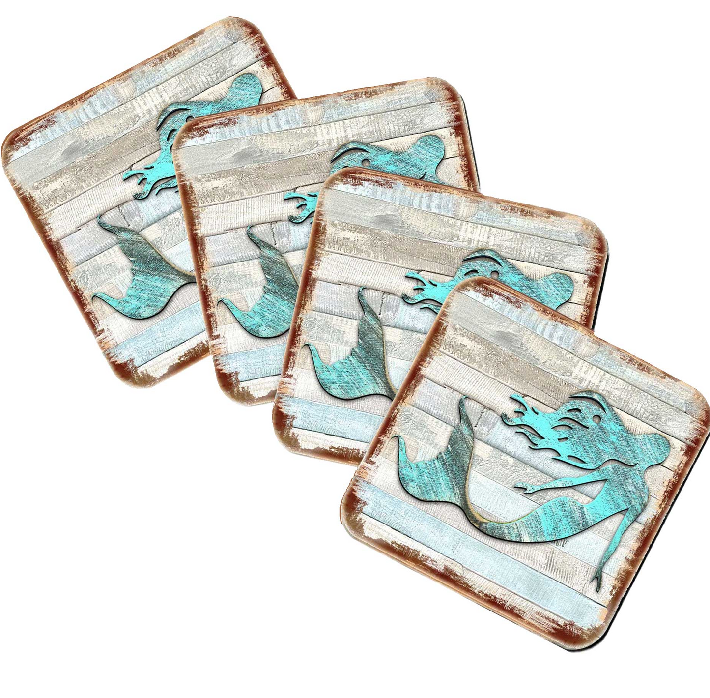 Mermaid Coastal Wooden Cork Coasters Gift Set of 4 by Nature Wonders - Coastal Sea-Life Decor - 8198514-9C-S4