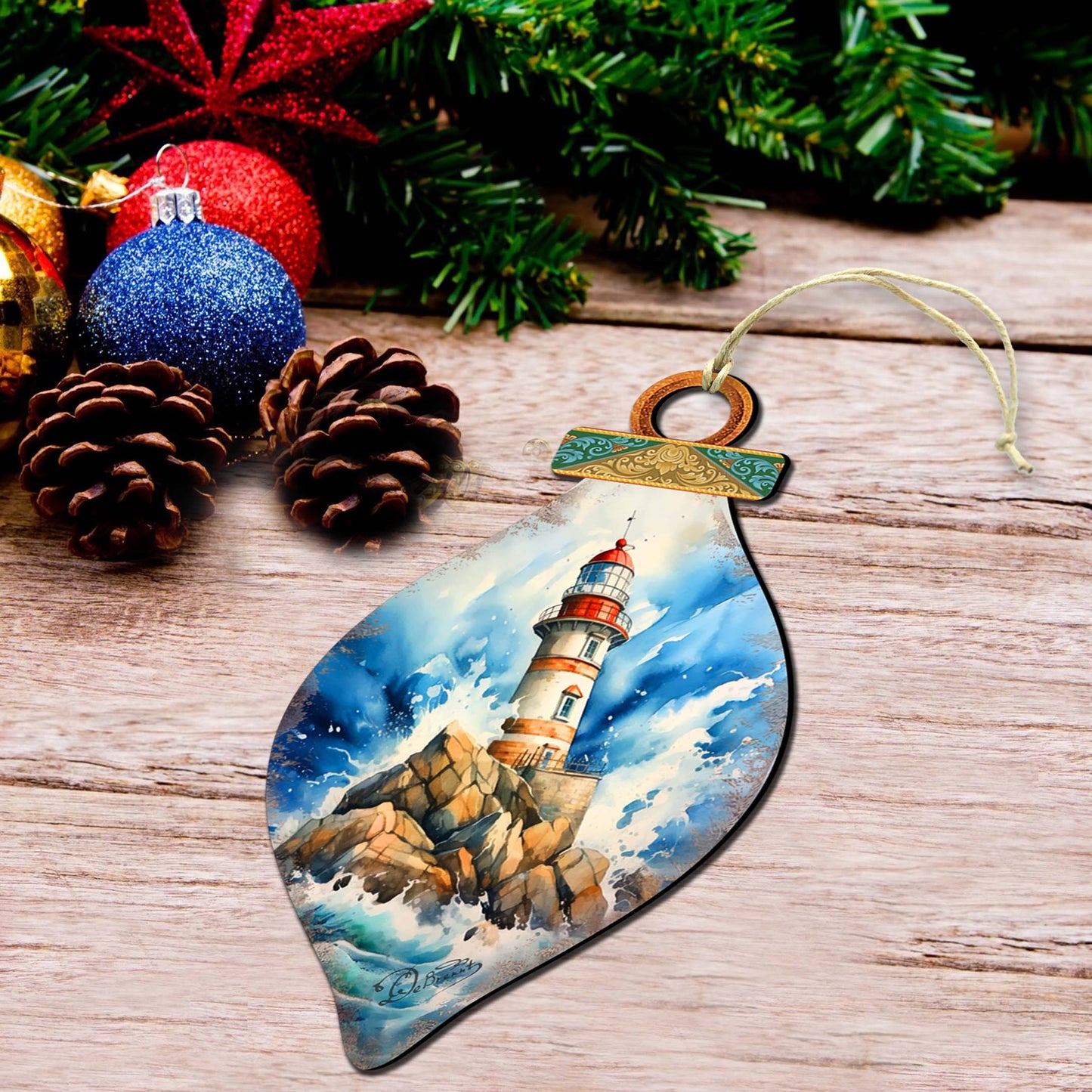 Wooden Christmas Tree Decorations - Lighthouse Wooden Ornaments by G.Debrekht Coastal Holiday Decor - 8688177