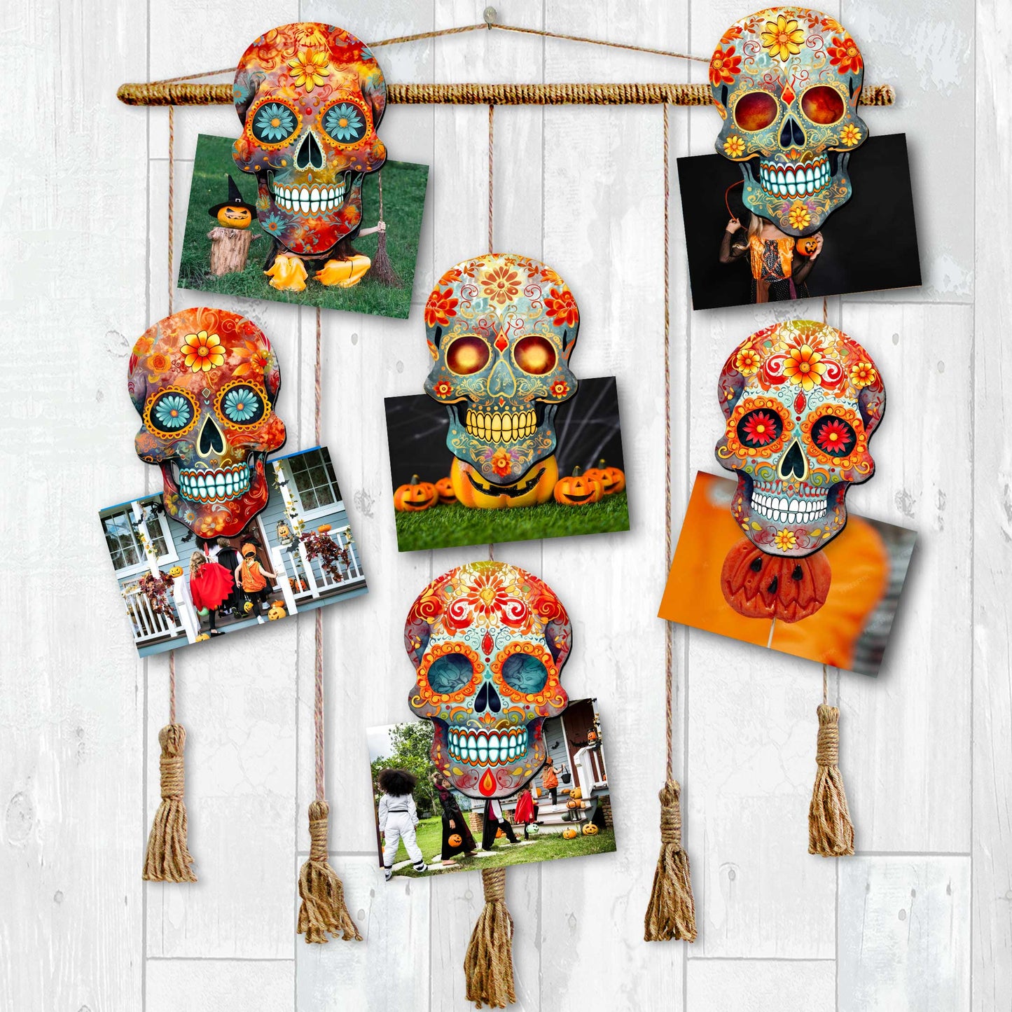 Sugar Skulls Decorative Wooden Clip-on Ornaments of 6 by G. Debrekht - Halloween Decor - 8090071C-S6