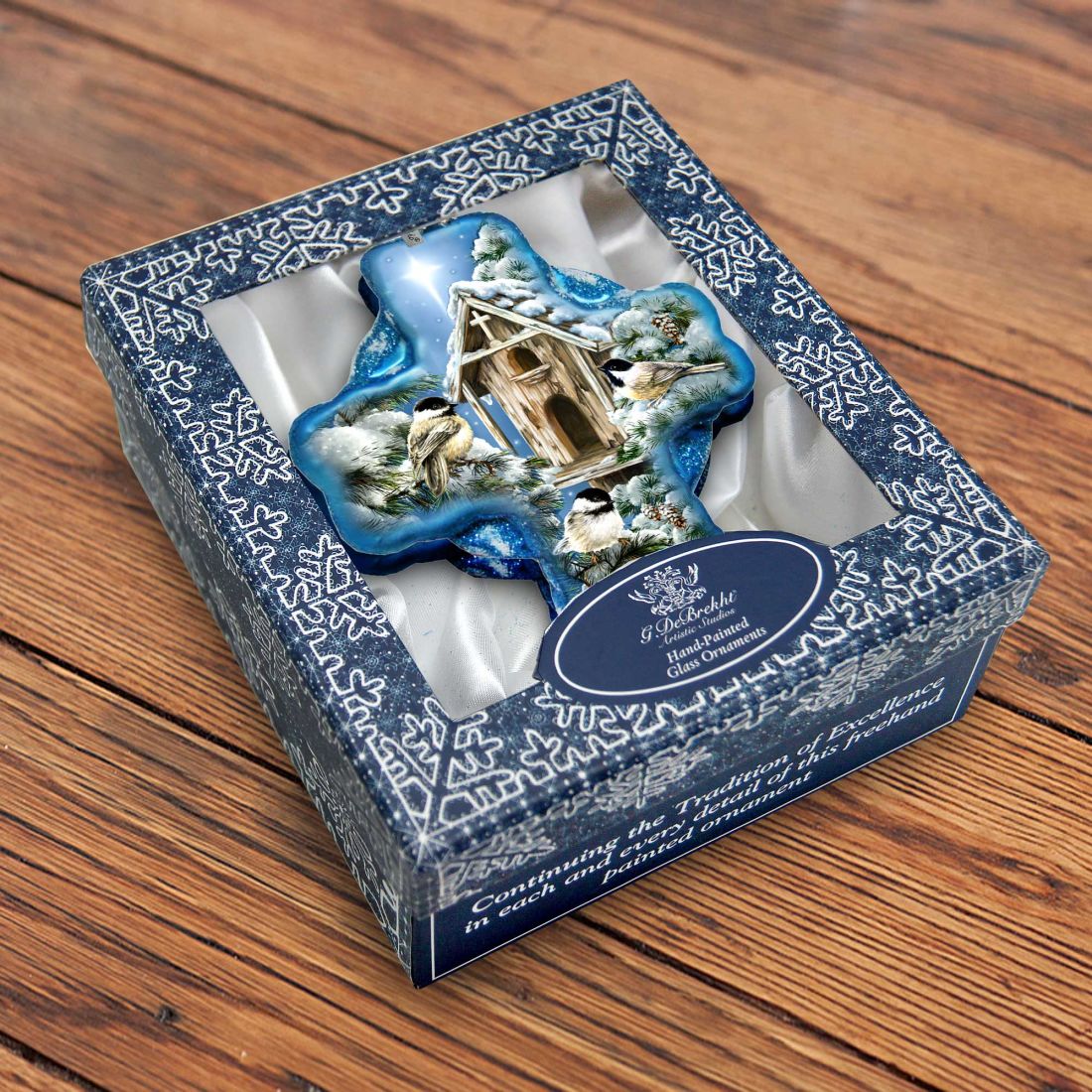 Winter Birds House Icon Cross Glass Ornament by D. Gelsinger - Nativity Holiday Decor - 758-022-DG