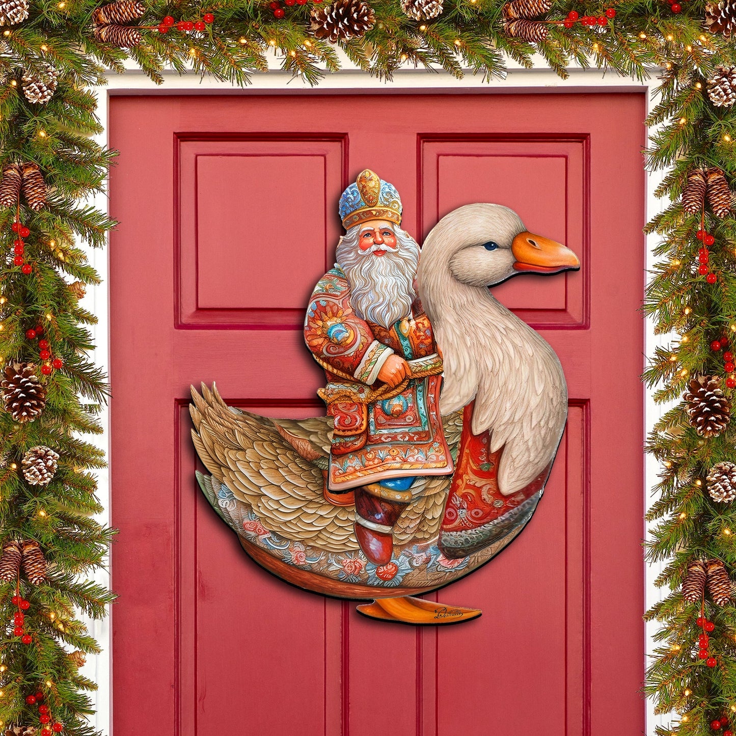 Charming Santa Riding Goose Holiday Door Decor by G. Debrekht - Christmas Santa Snowman Decor - 8611063H