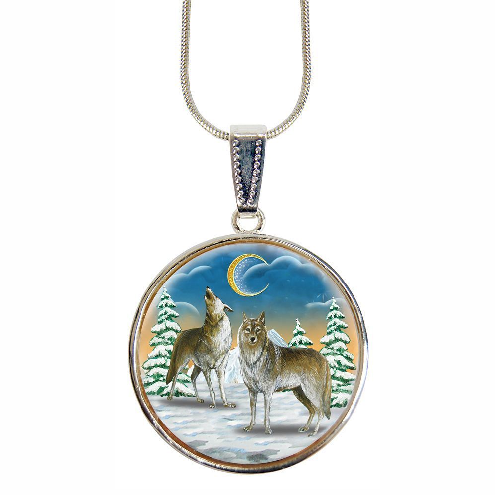 Wolves Howling Round Silver-Plated Mother of Pearl Jewelry Pendant Necklace - 44040