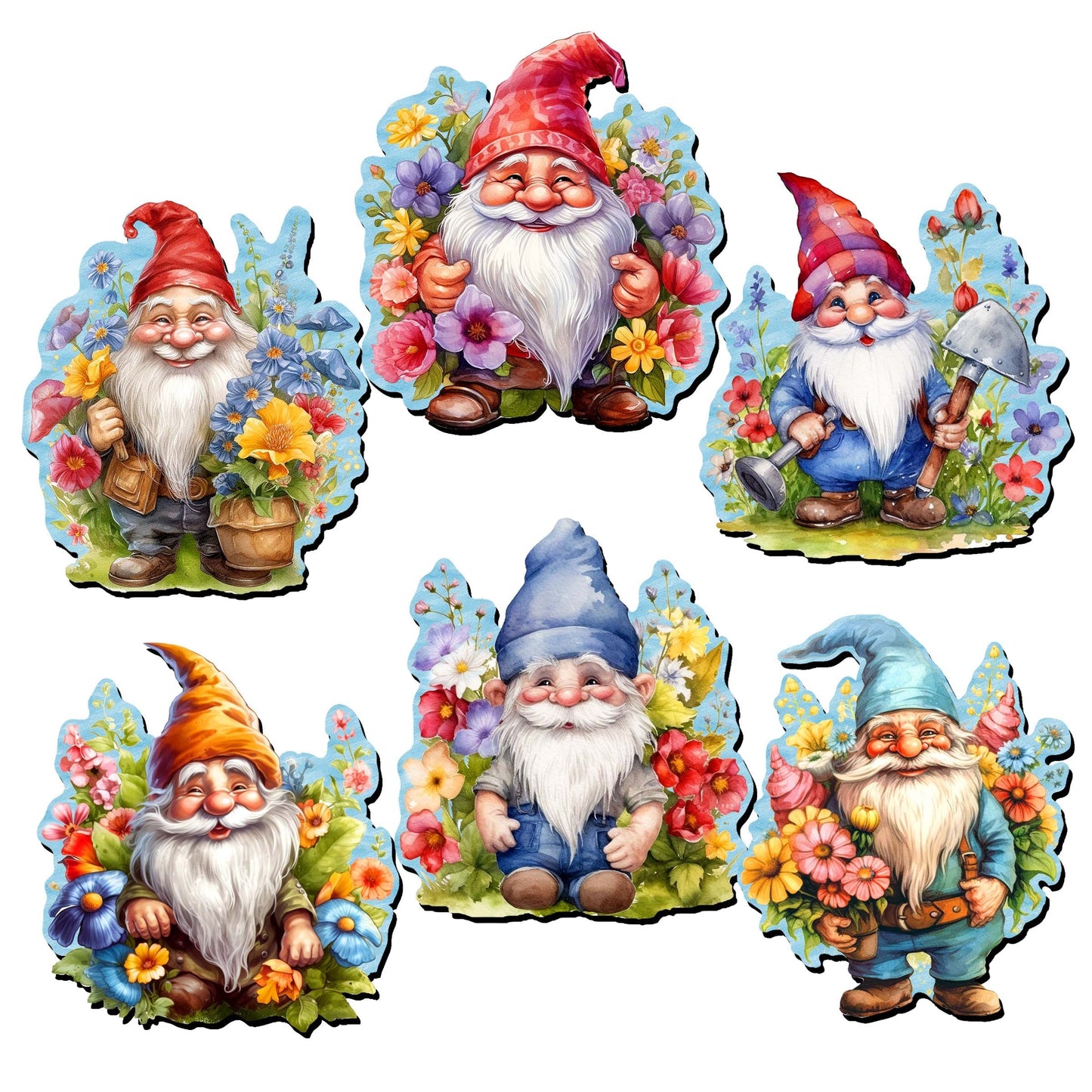 Garden Gnomes Decorative Wooden Magnets Set of 6 by G. Debrekht - Easter Spring Decor - 8090030G-S6