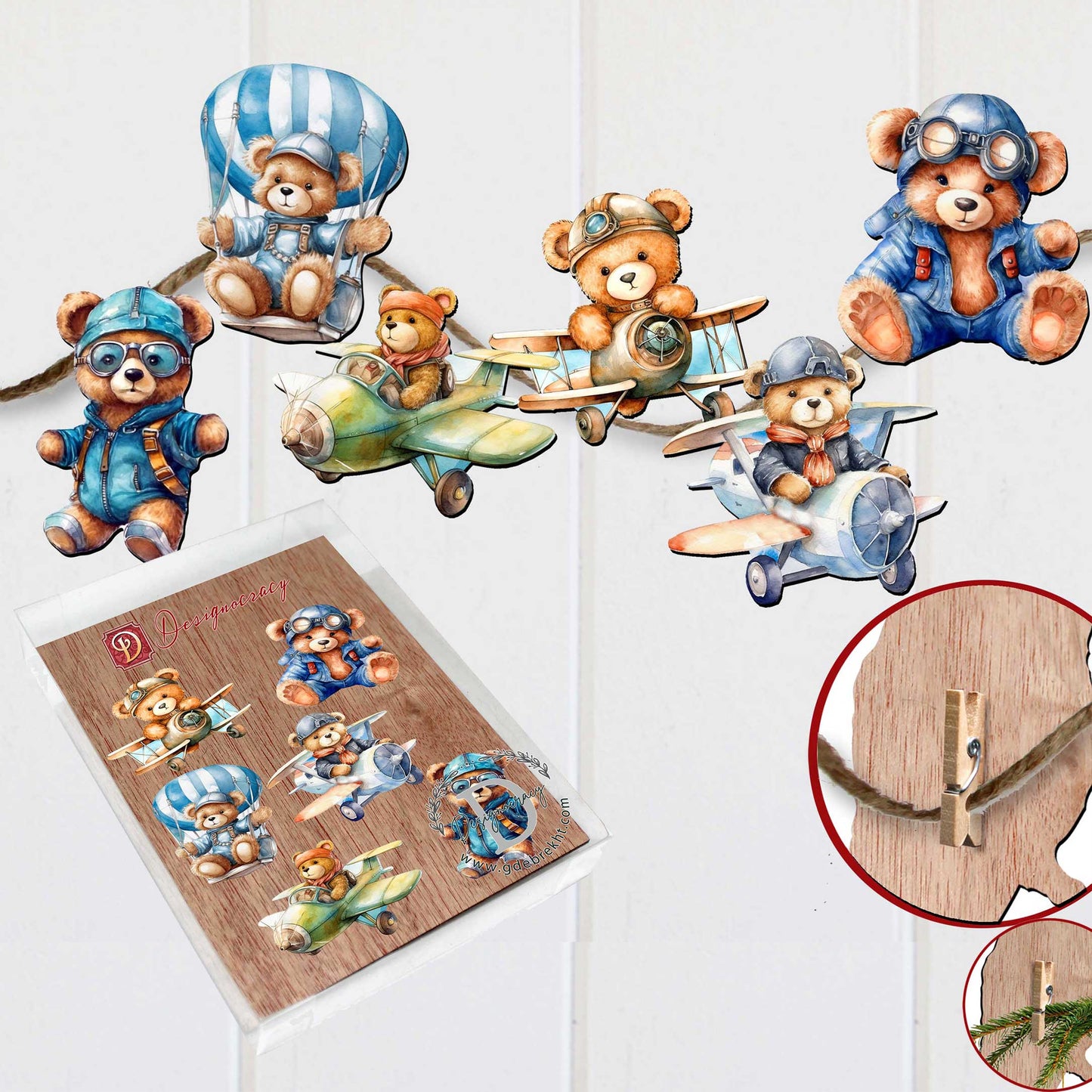 Aviator Teddy Bear Decorative Wooden Clip-on Ornaments of 6 by G. Debrekht - Christmas Decor - 8090010C-S6