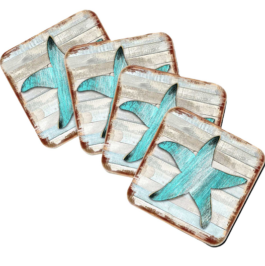 Starfish  Wooden Cork Coasters Gift Set of 4 by Nature Wonders -  Coastal Sea-Life Decor - 8198531-9C-S4
