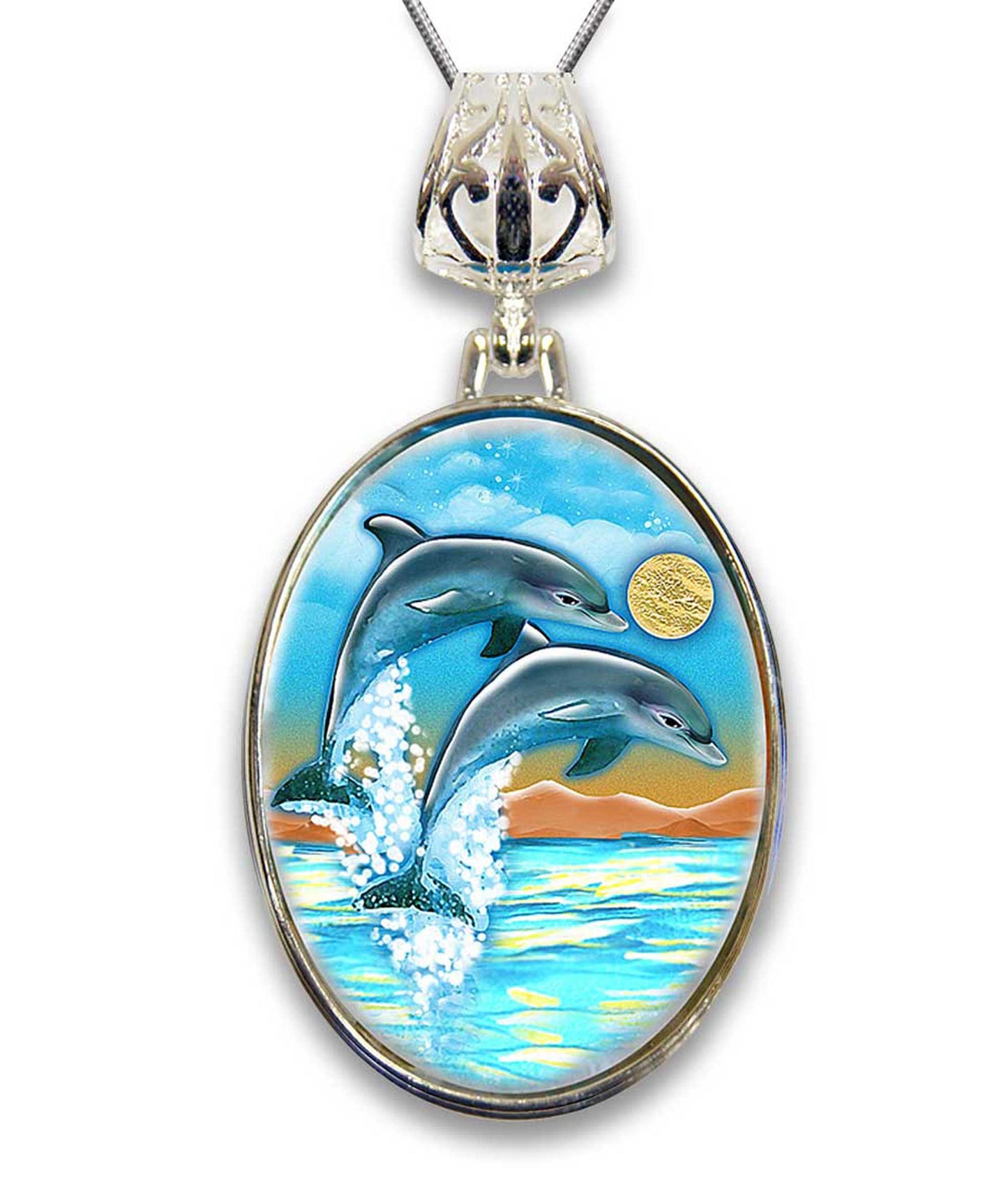 Flying Dolphins Silver Plated Jewelry Mother of Pearl Pendant Necklace - 44011