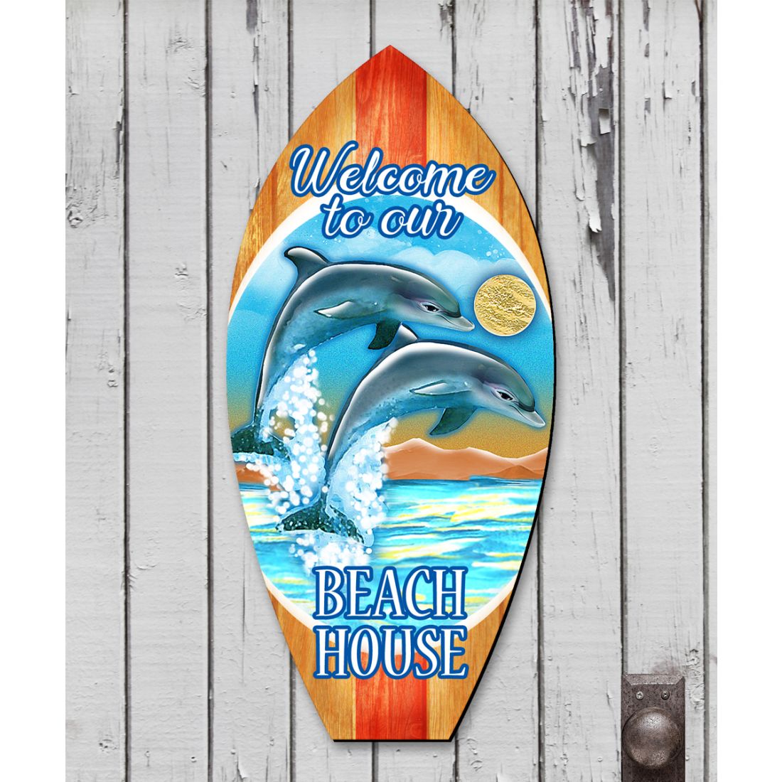Dolphins Surfboard Coastal Door Decor by G. DeBrekht - Coastal Holiday Decor - 8114070H