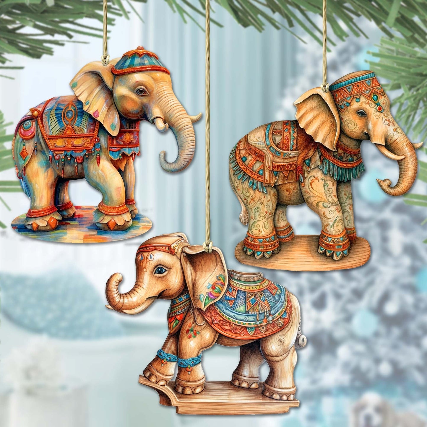 Carousel Elephants Wooden Ornaments Set of 3 by G. Debrekht - Christmas Decor - 8100192S3