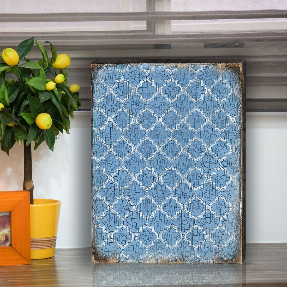 Graphic Blue Rustic Wooden Wall Art by G. DeBrekht - Floral Ornamental Decor - 95003B