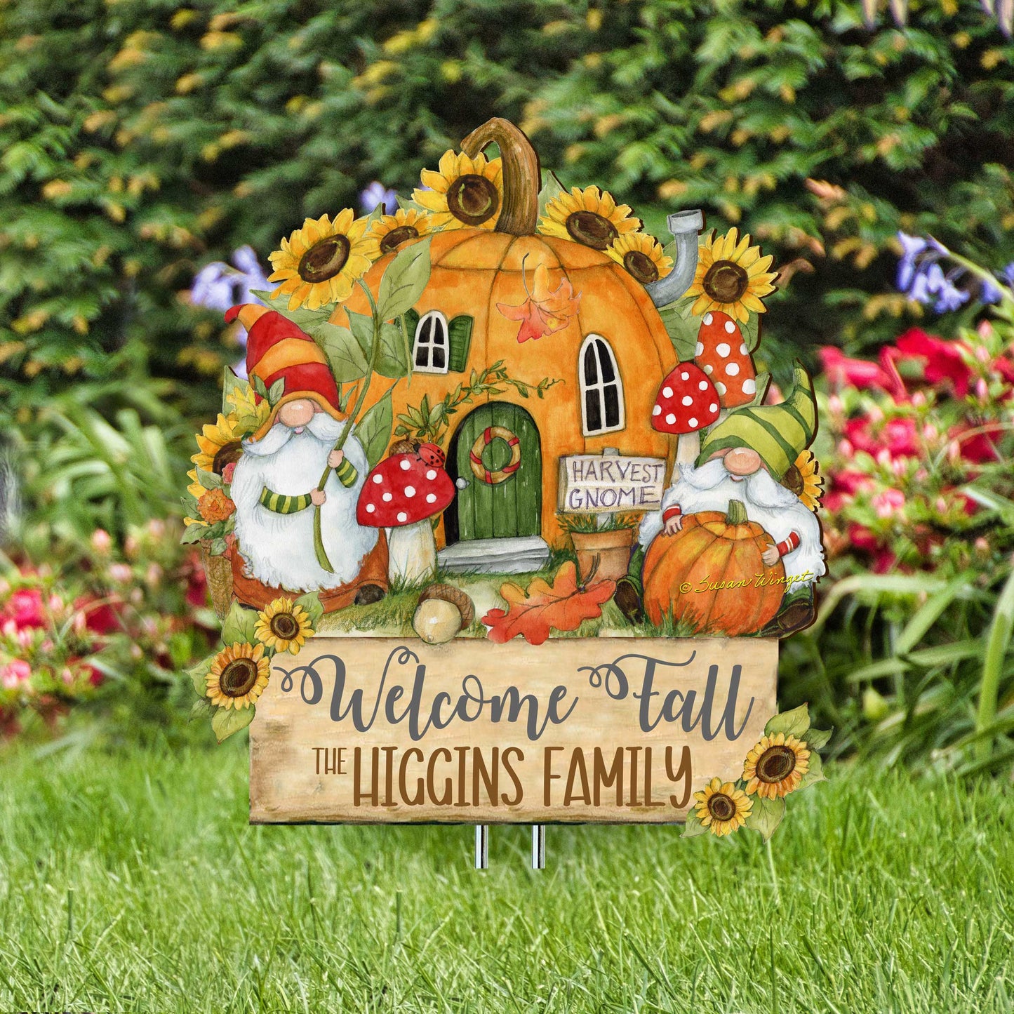 Personalized Outdoor Garden Stakes Fall Decoration - Custom Welcome Fall Backyard Decor by Susan Winget - Gnomes House - Handmade Gift 8471209MC-SW
