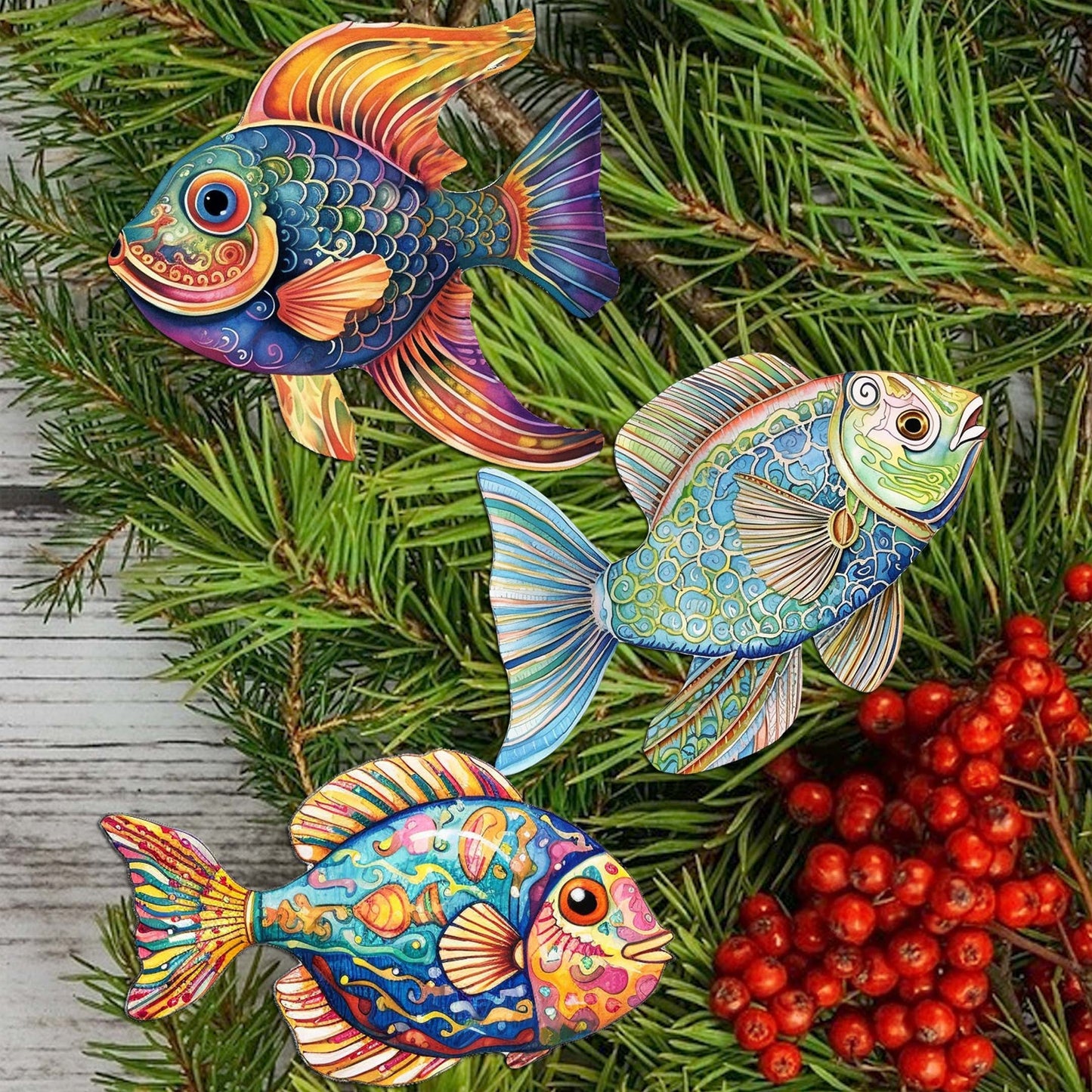 Coastal Fish Decorative Wooden Clip-on Ornaments Set of 3 by G. Debrekht - Coastal Decor - 8091034C-S3