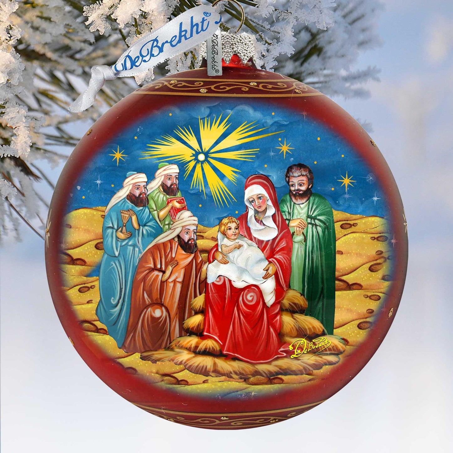 Holy Family and Three Kings Lg Glass Ornament in Red by G.DeBrekht - Christmas Decor - 73920R