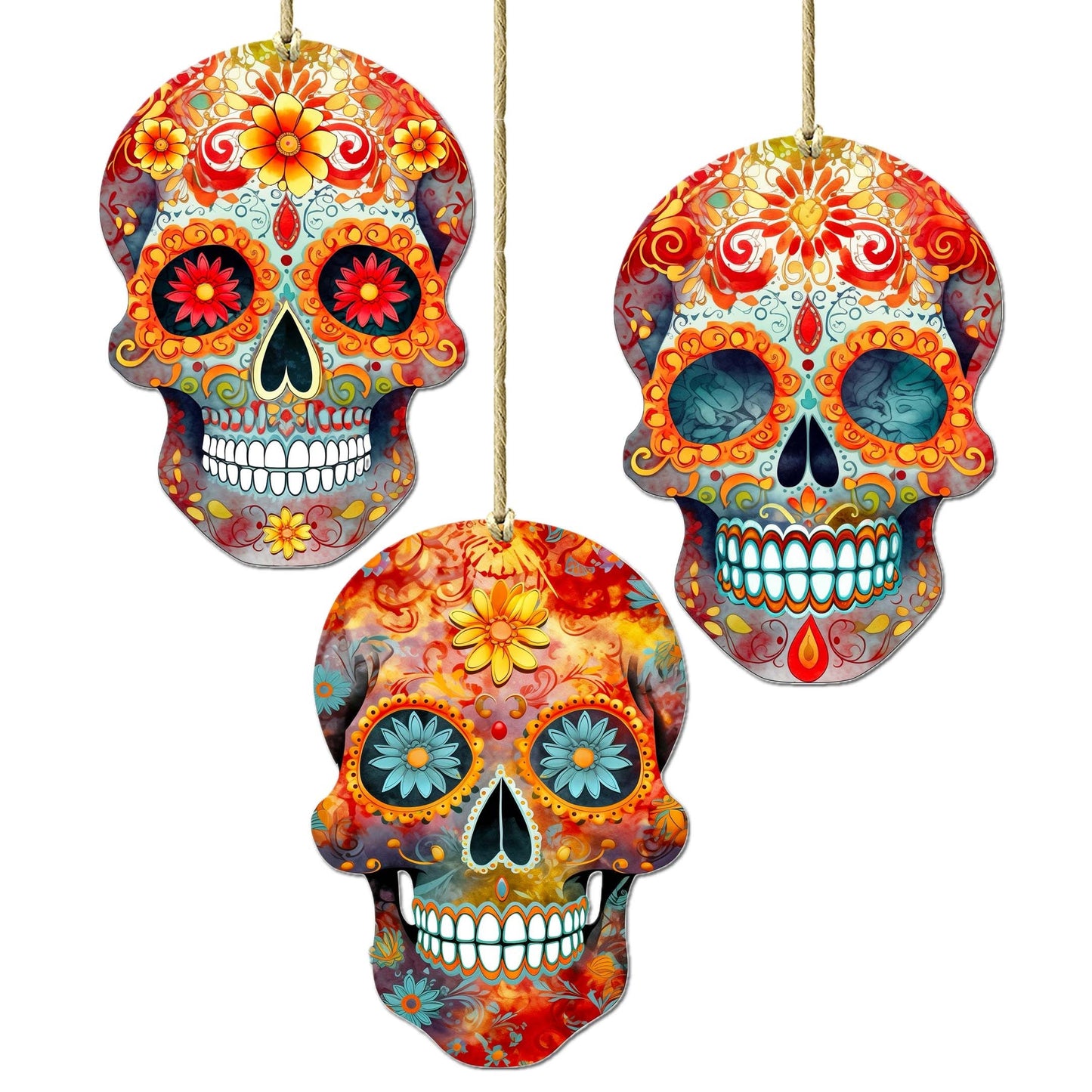 Sugar Skulls Decorative Wooden Ornaments of 3 by G. Debrekht - Halloween Decor - 8091071-S3