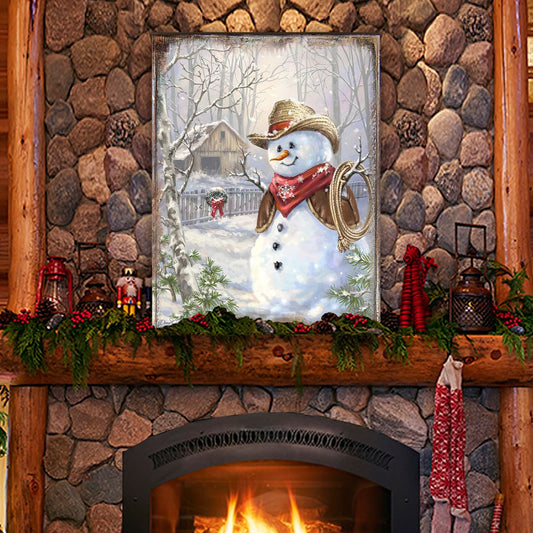 Cowboy Snowman Art Wooden Wall Art by D. Gelsinger - Christmas Santa Snowman Decor - 95604B-1541