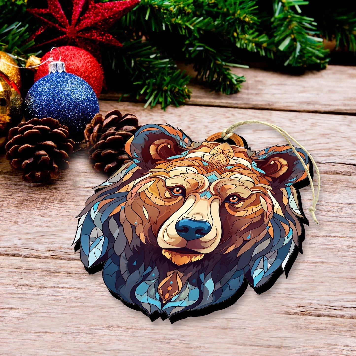 Stained Glass Design Bear Face Wooden Ornaments by G.Debrekht - Wildlife Holiday Decor - 8710124-1