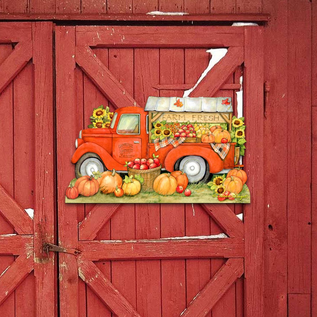 Pumpkin Produce Truck Thanksgiving Door Decor by Susan Winget - Halloween Decor - 8471202H-SW