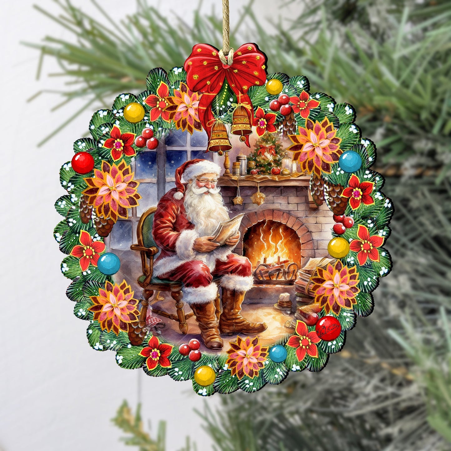 Santa at the Fireplace Wreath Wooden Ornaments by G. Debrekht Christmas Santa Snowman Decor - 8611089-2