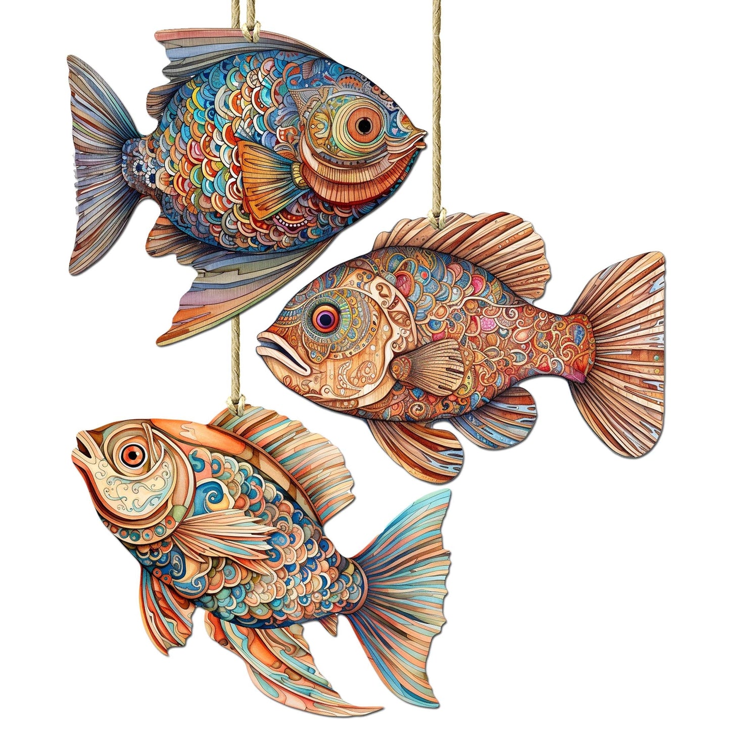 Coastal Fish Decorative Wooden Ornaments Set of 3 by G. Debrekht - Coastal Decor - 8091034-S3