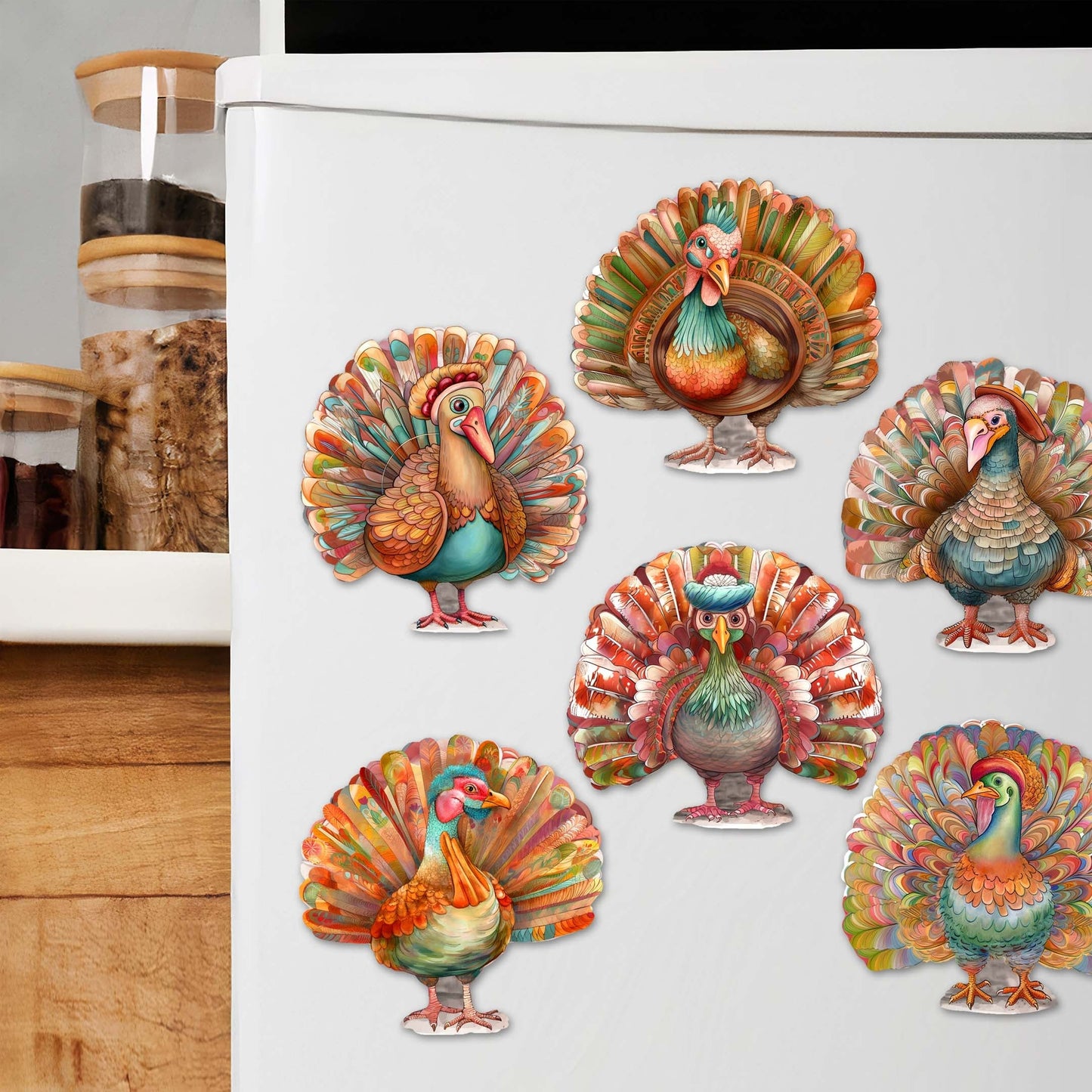 Turkey Decorative Wooden Magnets Set of 6 by G. Debrekht - Thanksgiving Decor - 8090027G-S6