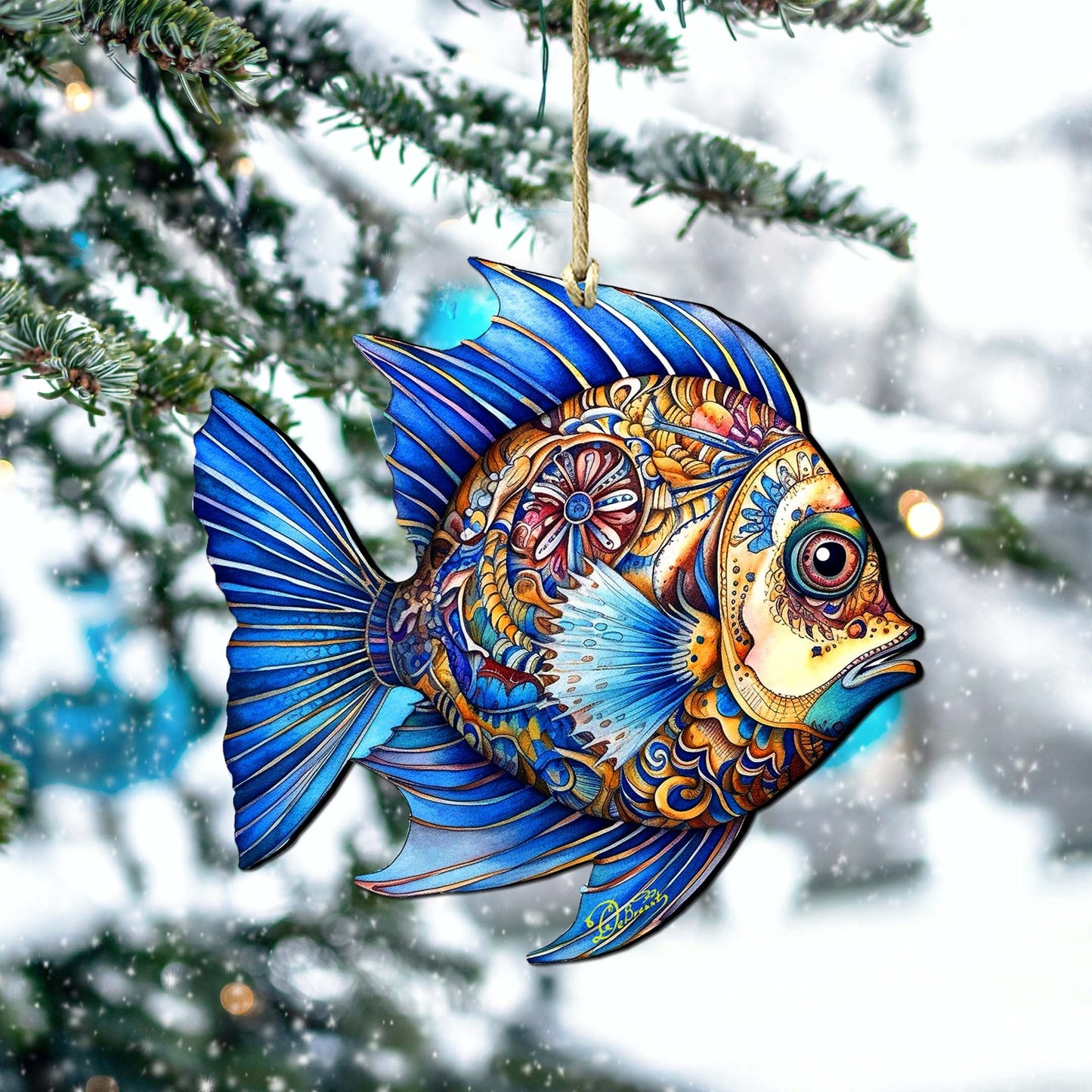 Coastal Christmas Ornaments - Aquamarine Aqua Fish Wooden Ornaments by G. Debrekht Coastal Holiday Decor - 8688306