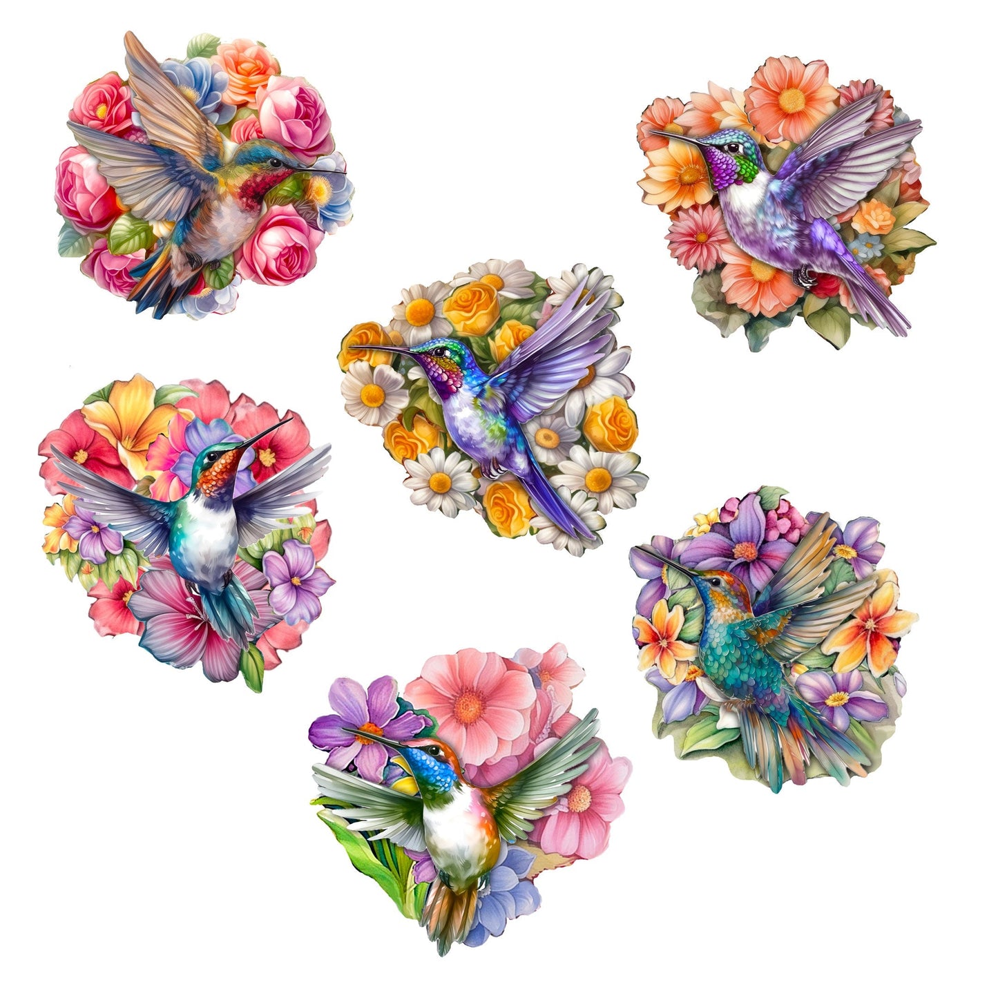 Hummingbirds Decorative Wooden Clip-on Ornaments Set of 6 by G. Debrekht - Easter Spring Decor - 8090140C-S6