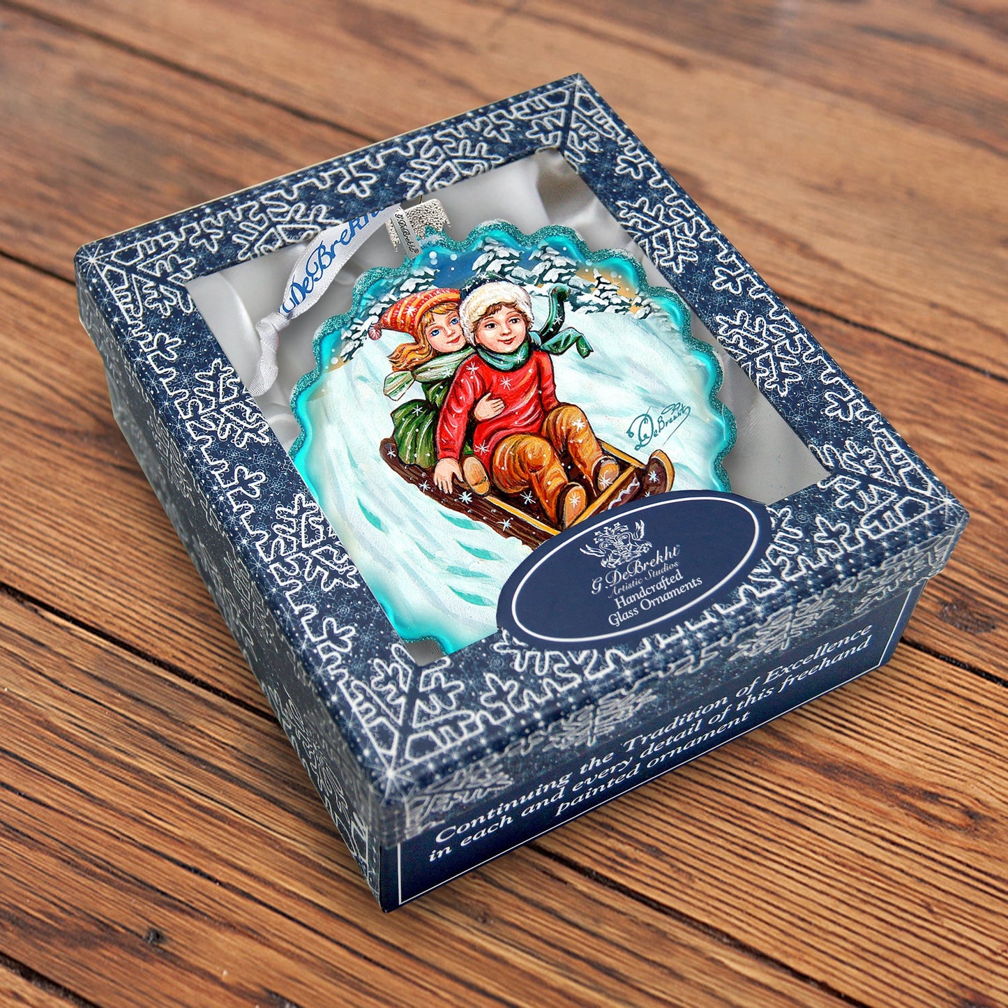 Kids Happy Sledging Wreath Glass Ornament by G. DeBrekht - Christmas Decor - 759-045