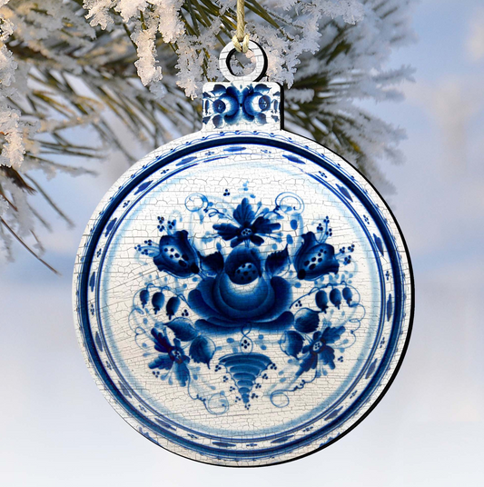 White and Blue Round Wooden Ornaments - Christmas Decor - 8117422
